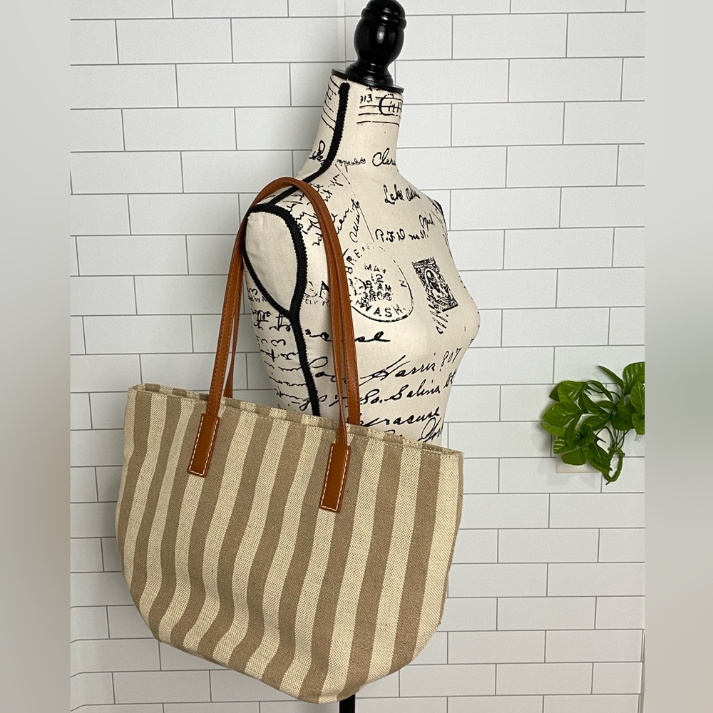 EUC Burlap Jute Natural Tote Shoulder Bag Tan Striped Leather Straps